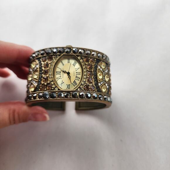 Heidi Daus Hinged Cuff Bracelet Watch Tan Swarovski Crystals Bangle Bronze New - Picture 2 of 11